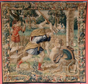 flamsk gobelin. Serien The Labours of Hercules. Herkules i Hesperidernes Have (Hércules en el jardín de las Hespérides). Femte gobelin i den eksisterende serie. Model ukendt. Fremstilling Willem Dermoyen, Bruxelles. Ca 1528. Stof Silke og uld. af Flemish School