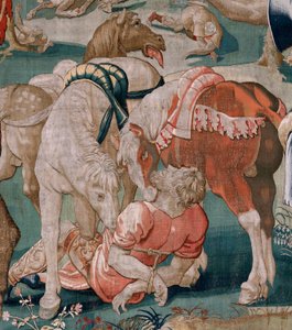 flamsk gobelin. Serien The Labours of Hercules. Diomedes Heste (Los caballos de Diomedes). Tredje gobelin i den eksisterende serie. Model ukendt. Fremstilling Willem Dermoyen, Bruxelles. Ca1528. Stof Silke og uld. Størrelse 350 x 400 cm. Beliggenhed kgl af Flemish School