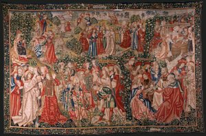 flamsk gobelin. Serien Lignelsen om arbejderne i vingården. Kaldet til arbejderne (La llamada a los trabajadores). Første gobelin i serien. Fremstilling Bruxelles, Pieter van Aelsts værksteder(?). Ca 1500. Stof Silke og uld, 6 kæder pe af Flemish School