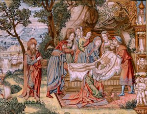 flamsk gobelin. Serien The Passion of Christ. Nedstigningen fra korset (Descendimiento). Den anden billedtæppeserie af Kristi Passion, der tilhører Patrimonio Nacional. Modeltegnere fra Jan van Roomes kreds. Fremstilling Pieter va af Flemish School