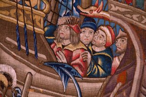 flamsk gobelin. Serie Portugiserne i Indien: Ankomsten til Calicut (Fra Aankomst i Calicut, Llegado de Vasco de Gama til Lissabon). Ca 1510. Samling Caixa Geral de Depósitos, Lissabon. Detalje. af Flemish School