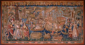 flamsk gobelin. Serie Portugiserne i Indien: Ankomsten til Calicut (Fra Aankomst i Calicut, Llegado de Vasco de Gama til Lissabon). Ca 1510. Caixa Geral de Depósitos Samling, Lissabon. af Flemish School