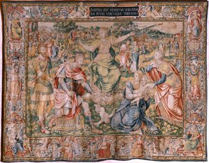 flamsk gobelin. Serie De syv dyder. Retfærdighed (La Justicia). Model baseret på Michiel Coxcie. Fremstilling Bruxelles. Fremstillet af Frans Geubels. Ca 1560-1570. Stof Silke og uld. Størrelse 330 x 450 cm. Beliggenhed Burgos katedral. Oprindelse Et legat af Flemish School