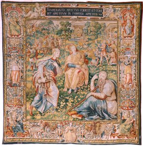 flamsk gobelin. Serien De syv dyder. Temperance (La Templanza). Model baseret på Michiel Coxcie. Fremstilling Bruxelles. Fremstillet af Frans Geubels. Ca1560-1570. Stof Silke og uld. Størrelse 330 x 320 cm. Beliggenhed Burgos katedral. Oprindelse Et legat  af Flemish School