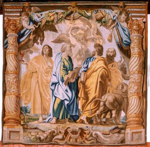 flamsk gobelin. Serien Eukaristiens triumf. De fire evangelister (Los cuatro evangelistas). Elvte gobelin i serien. Model Peter Paul Rubens. 1626-1628. Fremstilling Jan II Raes, Hans Vervoert, Jacques Fobert, Bruxelles af Flemish School