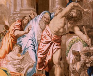 flamsk gobelin. Serien Eukaristiens triumf. Eukaristiens sejr over hedenske ofre (Victoria de la Eucaristía sobre los sacrificios paganos). Fjerde gobelin i serien. Model Peter Paul Rubens. 1626-1628. Fremstilling Jan II Raes, Jac af Flemish School