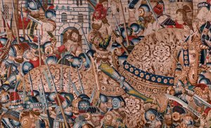 flamsk gobelin. Serien Den trojanske krig. Ødelæggelsen af Troja (Destrucción de Troya). Elvte gobelin i serien. Model Coëtivy Master (Henry eller Conrard de Vulcop). Fremstiller Tournai-værksteder. Ca 1470. Stof Uld og silke, 6/7 kæder pr. cm. af Flemish School