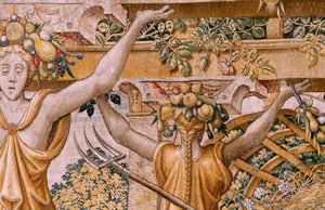 flamsk gobelin. Serien Vertumnus og Pomona. No II Vertumnus omdannet til en bonde (Vertumno y Pomona II Vertumno transformado en agricultor) no1 venstre del. Models Circle af Pieter Coecke Van Aelst og Léonard Thiry. Atelier ukendt, Bruxelles. Guld, af Flemish School