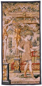 flamsk gobelin. Serien Vertumnus og Pomona. No II Vertumnus omdannet til en bonde (Vertumno y Pomona II Vertumno transformado en agricultor) no1 venstre del. Models Circle af Pieter Coecke Van Aelst og Léonard Thiry. Atelier ukendt, Bruxelles. Guld, af Flemish School