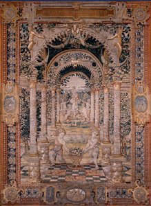 flamsk gobelin. Serien Vertumnus og Pomona. Syvende gobelin i serien; Vertumnus forvandlet til en fisker (central del). Models Circle af Pieter Coecke Van Aelst og Léonard Thiry. Fremstilling Ukendt værksted, Bruxelles. Før 1550. Stof Go af Flemish School