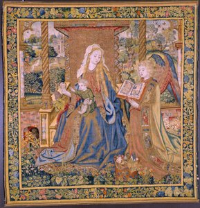 flamsk gobelin. Jomfruen med barnet og engle (Jomfruen med barnet og en engel, Maria mødte Kind in engelen). Ca af Flemish School