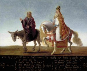 ""Jesus repræsenteret på et æsel ved siden af ​​den rigt klædte pave på en hest"" Luthersk karikatur mod paven - Anonymt maleri