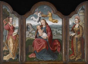 Madonna og barn, St. Barbara og St. Catherine, ca. 1520 (olie på panel) af Flemish School