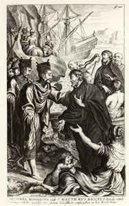 Michael Rogerius (1543-1607) og Matthaeus Riccius (1552-1610) ankommer til Kinas kyst, illustration fra en historie om kirken af P. Cornelius Hazart, udgivet i Antwerpen, 1668 af Flemish School