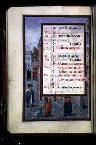 Ms 1058-1975 f12v Snow in a Street, oplyst kalenderside for december, fra a Book of Hours, ca. 1500 (vellum) af Flemish School
