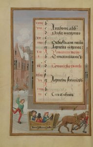 Ms 1058-1975 f1v Street Scene in the Snow, oplyst kalenderside for januar, fra a Book of Hours, ca. 1500 af Flemish School