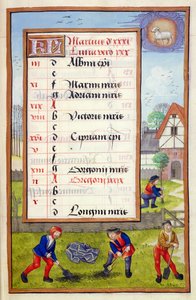 Ms 1058-1975 f3r Gravning og træplantning, oplyst kalenderside for marts, fra en timebog, ca. 1500 af Flemish School