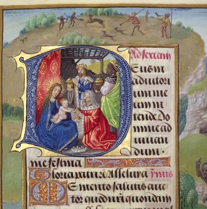 Ms 1058-1975 f.82r Historikeret initial `D der skildrer Kongernes tilbedelse, fra en Time Books of Hours, sandsynligvis Brugge, c.1500-05 af Flemish School