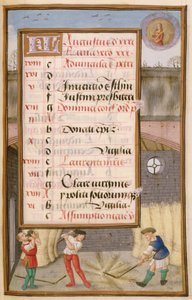 Ms 1058-1975 f8r Threshing Corn in the Lad, oplyst kalenderside for august, fra a Book of Hours, ca.1500 af Flemish School