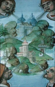 Ms Hunter 9 f.47v Fire vinde, der blæser i hjørner på et havomkredslandskab, fra 
