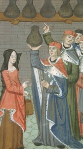 Ms Hunter 9 f.84r Kvinde med kurv, der bringer urinalis magnus, fra De Medina Fen I. II, af Avicenna (980-1037) af Flemish School