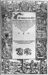 Ny Testamentes titelside på en fransk oversættelse af Jacques Lefevre dEtaples (1450?-1537) udgivet i Antwerpen i 1531 af Flemish School