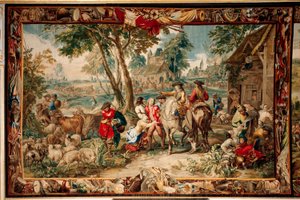 Palads (Schlossanlage Schleißheim). flamsk gobelin. Bruxelles atelier Judocus De Vos. Design Lambert De Hondt. Plyndring (pilering). 400x595 cm. Uld og silke. Omkring 1715 - 1724. af Flemish School