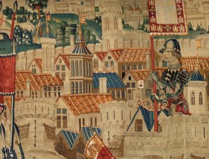 Sognemuseum for gobeliner (Parish Museum of Pastrana Tapestries). flamsk gobelin. Erobring af Tanger (overtagelse af Tanger, De inname van Tanger). Serie Erobringer af kong Alfonso I af Portugal. Tournai. Uld og silke af Flemish School