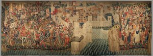 Sognemuseum for gobeliner (Parish Museum of Pastrana Tapestries). flamsk gobelin. Erobring af Tanger (overtagelse af Tanger, De inname van Tanger). Serie Erobringer af kong Alfonso I af Portugal. Tournai. Uld og silke af Flemish School
