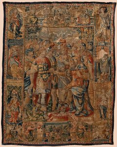 Sognemuseum for gobeliner (Museo Parroquial de Tapices de Pastrana). flamsk gobelin. Den unge Alexander til sin far Filip (El joven Alejandro ante su padre Filipo). Bruxelles. 16. århundrede. 328x407 cm. af Flemish School