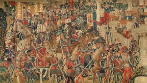 Sognemuseum for gobeliner (Parish Museum of Pastrana Tapestries). flamsk gobelin. Erobring af Tanger (overtagelse af Tanger, De inname van Tanger). Serie Erobringer af kong Alfonso I af Portugal. Tournai. Uld og silke