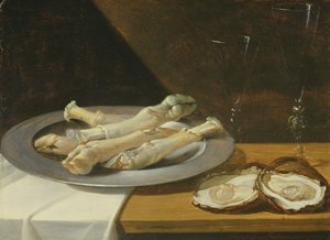 Grise knoer på en tintallerken med østers og vinglas på et draperet bord, ca. 1630 af Flemish School