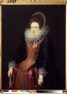 ""Portræt af en dame med en vifte" (Portræt af en dame med en vifte) en rigdomsdame, iført en ruff og en broderet kjole. Maleri af den flamske skole omkring 1610. Pushkin Museum, Moskva af Flemish School