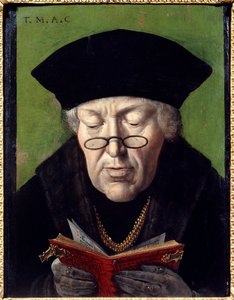 Portræt af Thomas More (1478-1535), humanist. Humanisten er repræsenteret med briller ved at læse en bog. Maleri af den flamske skole af Flemish School