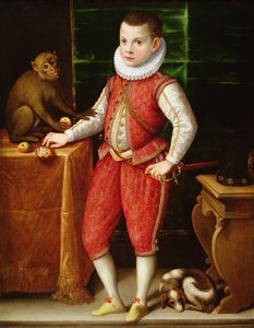 Portræt af en ung adelsmand med en abe og en hund, ca. 1615