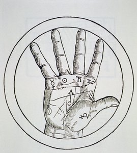 Planeternes position på højre hånd, kopi af en illustration fra De Occulta Philosophia Libri III, af Henricus Cornelius Agrippa, Antwerpen 1533, brugt i en magihistorie, udgivet sent i det 19. af Flemish School