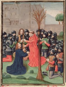 Roy 15 E I f.98v Fundet af det spyd, som Kristus blev gennemboret med, fra Estoire d