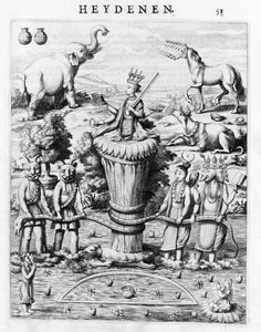Samudramathana, med deltagelse af Deva (Surya, Shiva, Vishnu, Brahma) med dæmoner og bjerge. Ifølge Baldaeus Philippus Afgoderye der oost-indische Heydenen. Amsterdam 1672 af Flemish School