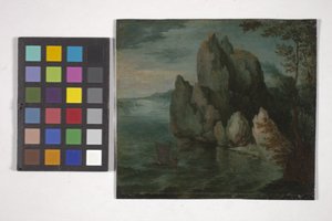 Seascape med en høj klippe (olie på kobber) af Flemish School