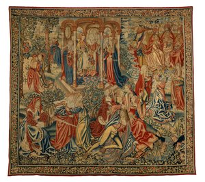 Tapestry, A Moral Allegory of Man or Justice Attacking Man, lavet i Flandern, Belgien, omkring 1500 (uld og silke) af Flemish School