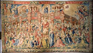 Gobelin, der forestiller Prudence, der ankommer til Court of Divine Wisdom, fra Bruxelles af Flemish School