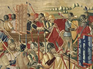 Gobelin, der viser erobringerne af kong Alfonso V af Portugal (Conquistas de Alfonso V de Portugal), Tournai. Detalje. (uld og silke) af Flemish School