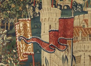 Tapestry, der viser erobringer af kong Alfonso v fra Portugal (Conquistas de Alfonso mod de Portugal), Tournai. Detalje. (Uld og silke) af Flemish School
