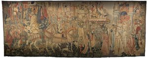 Gobelin, der viser erobringerne af kong Alfonso V af Portugal (Conquistas de Alfonso V de Portugal), Tournai. Detalje. (uld og silke) af Flemish School