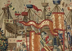 Gobelin, der viser erobringerne af kong Alfonso V af Portugal (Conquistas de Alfonso V de Portugal), Tournai. Detalje. (uld og silke) af Flemish School