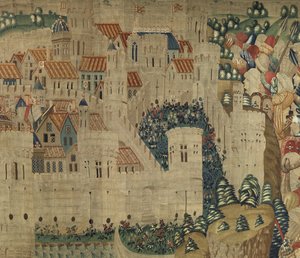 Gobelin, der viser erobringerne af kong Alfonso V af Portugal (Conquistas de Alfonso V de Portugal), Tournai. Detalje. (uld og silke) af Flemish School