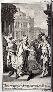 Telemaque ankommer til Eumees hus, genkender sin far ved hjælp af Minerve, som optræder i Ulysses under skikkelsen af en smuk kvinde. Illustration til bogen XVI de l