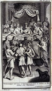 Telemaque modtages i Lacedemone i Menelas palads med Pisistrate. Illustration til bog IV af Odyssee af Homere, i Odyssee, udgivet i Amsterdam i 1731, Milano. af Flemish School