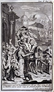 Telemaque forlader Lacedemone på en tank med Nestors søn efter at have modtaget gode gaver fra Menelas. Illustration til bogen XV de l