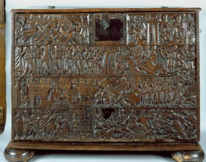 The Courtrai Chest skildrer scener fra Slaget ved Golden Spurs udkæmpet i Courtrai i 1302 (træ)